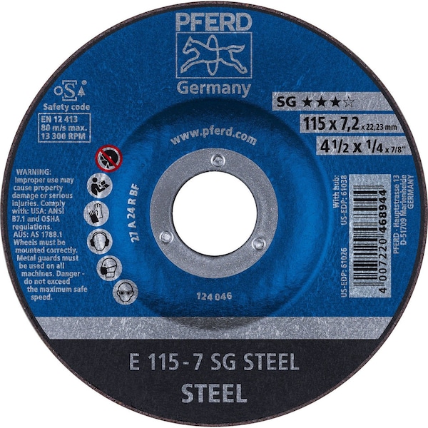 Pferd 61026 4-1/2in x 1/4in Grinding Wheel, 7/8in AH A 24 R SG - Type 27 61026-PFERD - main